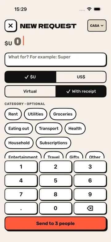 Screenshot: New request. Amount, currency, mode and category.
