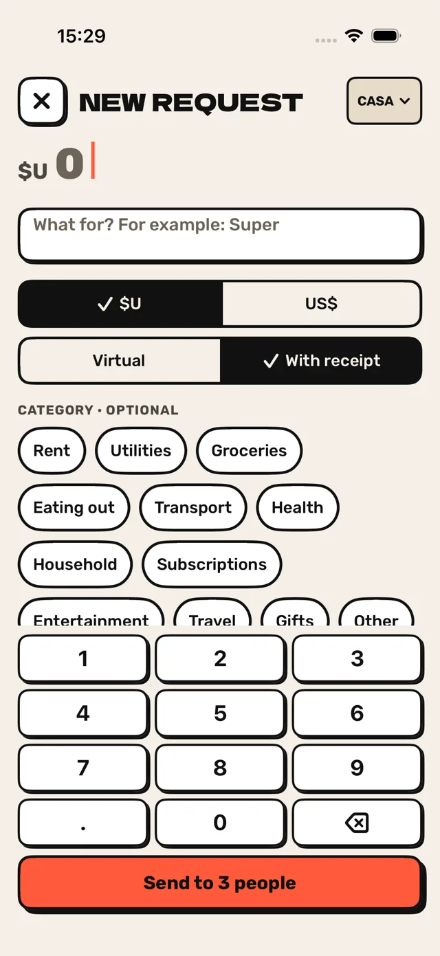 New request screen: an amount in pesos, with receipt, and an optional category.