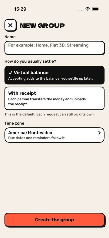 Screenshot: New group. Creating a group and choosing how it settles.