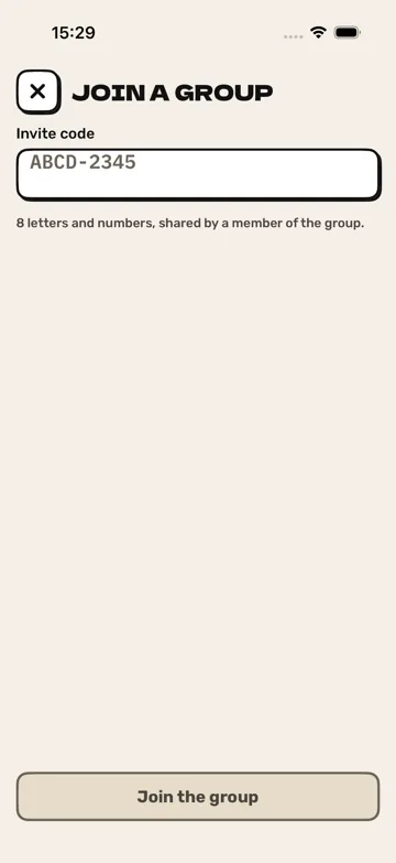 Screenshot: Join a group. Joining with an invite code.