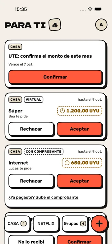 Captura: Para ti. Solicitudes del grupo para aceptar o rechazar.