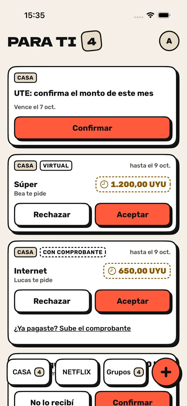 Pantalla Para ti: solicitudes del grupo Casa para aceptar o rechazar.