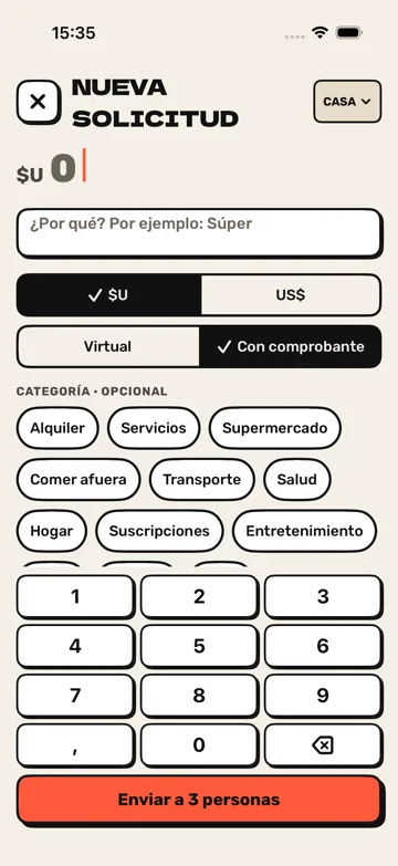 Captura: Nueva solicitud. Monto, moneda, modo y categoría.