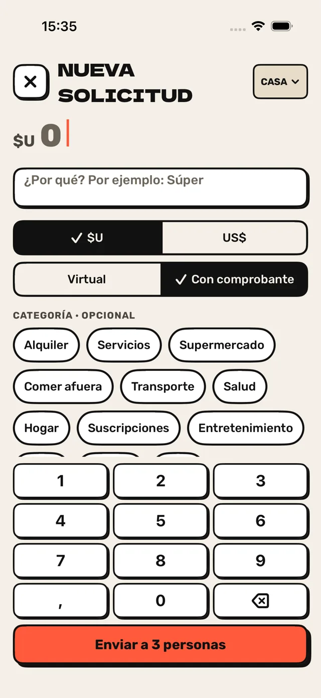 Pantalla Nueva solicitud: monto en pesos, con comprobante y una categoría opcional.