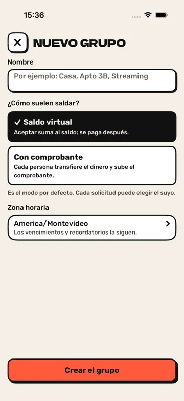 Captura: Nuevo grupo. Crear un grupo y elegir cómo saldan.